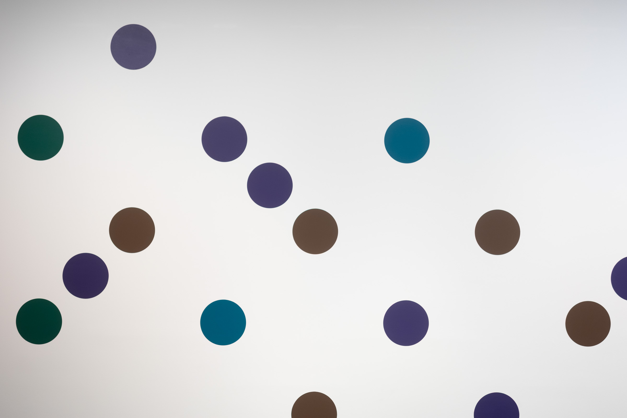 Coloured Circles on a white wall - Bridget Riley, Dancing to the music of time, 2022